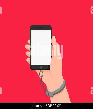Cartoon Human Hand in Handschellen hält Smartphone mit weißem leerem Bildschirm isoliert auf Rot Stock Vektor
