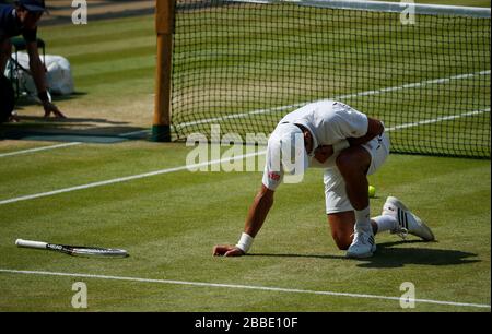 Serbiens Novak Djokovic reagiert in seinem Herrenfinale gegen den Großbritanniens Andy Murray Stockfoto