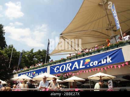 Racegoers genießen ihren Tag auf dem Coral-Eclipse Day auf der Sandown Racecourse Stockfoto