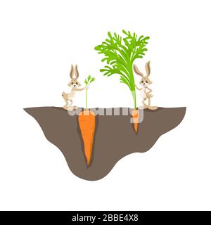 Zwei lustige Cartoon-Kaninchen mit kleiner und großer Karotte auf Gartenbett Vektorgrafik-Illustration Stock Vektor