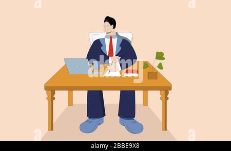 Cartoon Businessman in Suit Arbeiten am Laptop am Arbeitsplatz Vektorgrafiken Illustration Stock Vektor