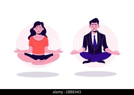 Die hübsche Yogi-Frau und der Business man in lotus-position sitzen mit geschlossenen Augen Stock Vektor