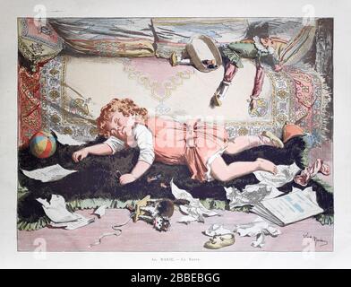 Abbildung eines schlafenden Kindes mit dem Titel "Le Repos" nach Ad. Marie veröffentlichte 1885 in der Monatszeitschrift "Paris illucé". Stockfoto