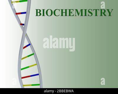 3D-Darstellung des BIOCHEMISCHEN Skripts mit DNA-Doppelhelix, isoliert auf farbigem Muster. Stockfoto