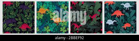 Verschiedene bunte, nahtlose Muster mit Dinosaurier und tropischen Blättern Pflanzen Stock Vektor