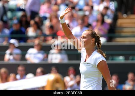 Petra Kvitova aus Tschechien feiert den Sieg gegen Russlands Jekaterina Makarova Stockfoto