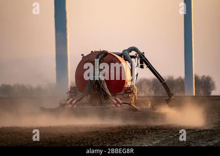 Traktor, der im Frühjahr ein Feld arbeitet, Gärrückstände, Restslurry aus Biogasanlagen, auf Getreidefeldern, Deutschland Stockfoto