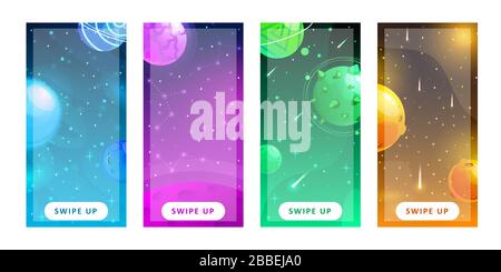 Textvorlage. Set of Space Background mit Cartoon Fantasy-Planeten. Mobile Kulisse. Hintergrund des Speicherplatzes. Fantasy-Planeten. Buntes Universum. Spiel Stock Vektor