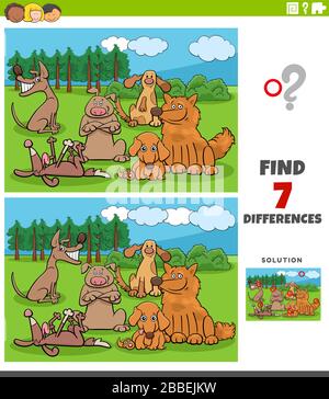 Cartoon Illustration des Auffindens von Unterschieden zwischen Bildern Bildspiel für Kinder mit lustigen Comic Dogs Characters Group Stock Vektor