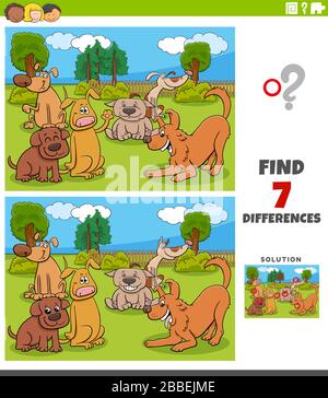 Cartoon Illustration des Auffindens von Unterschieden zwischen Bildern Bildspiel für Kinder mit Funny Dogs Group Stock Vektor