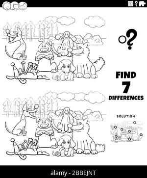 Schwarz-Weiß Cartoon Illustration des Auffindens von Unterschieden zwischen Bildern Bildspiel für Kinder mit lustigen Comic-Dogs Figuren Gruppe Colo Stock Vektor