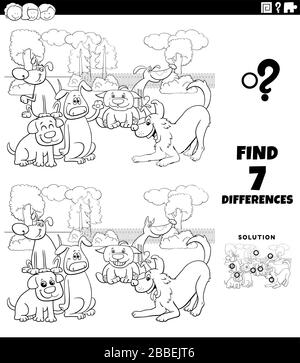 Schwarz-Weiß Cartoon Illustration des Auffindens von Unterschieden zwischen Bildern Bildspiel für Kinder mit lustigen Hunden Gruppe Malbuch Seite Stock Vektor