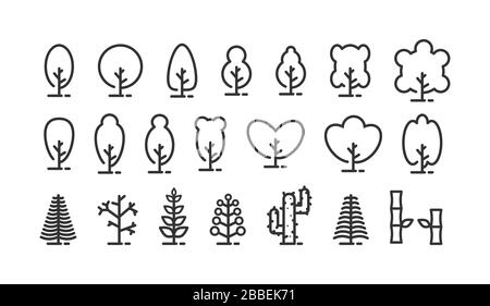 Satz linearer Symbole für Bäume und Vegetation. Ein leeres Polygon, das auf weißem Hintergrund isoliert ist. Einfache Abbildung mit flachem Material. Stock Vektor