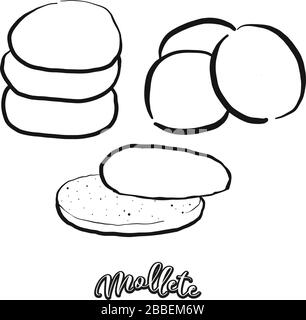 Mollete Essenskizze auf Weiß getrennt. Vektor-Zeichnung von Fladenbrot, Weiß, normalerweise in Andalusien, Spanien bekannt. Lebensmittel-Illustration-Serie. Stock Vektor