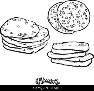 Naan-Essenskizze auf Weiß abgegrenzt. Vektorzeichnung von Fladenbrot, in Asien meist bekannt. Lebensmittel-Illustration-Serie. Stock Vektor