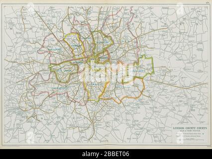 LONDON COUNTY COURTS + BUS- UND STRASSENBAHNSTRECKEN. Vintage-Karte. SPECK 1913 alt Stockfoto
