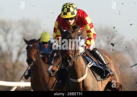 Vinomore, der von Sam Twiston-Davies in Aktion während der Timmy Jones geritten wurde, halten die "Faith Memorial Mares Novices Hürde" Stockfoto