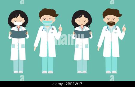 Cartoon-Illustration der Figuren der Ärzte. Mann und Frau stehen in weißem Mantel und Schutzmasken im Gesicht, isoliert auf grünem Hintergrund - Vektor Stock Vektor