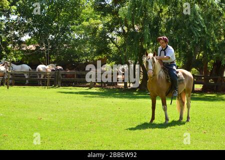 Estancia El Ombu de Areco, Argentinien 2019; Gaucho zeigt sein Leben und seine Arbeit auf einem typischen argentinischen Bauernhof, der sein Lieblingspferd reitet Stockfoto