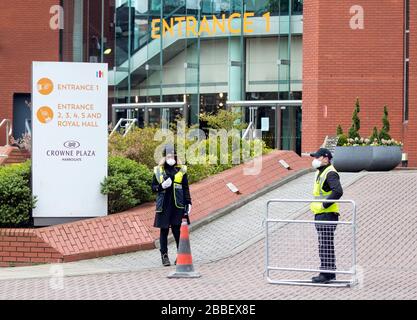 Die Szene im Harrogate Conference Center in Yorkshire, nachdem ein Abgeordneter gesagt hat, er sei ÒproudÓ, dass ein Konferenzzentrum von Harrogate anscheinend als zeitweiliges Krankenhaus im Kampf gegen Coronavirus ausgewählt wurde. Stockfoto