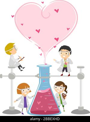 Abbildung: Stickman Kinder, die Laborkleider tragen, die am Valentinstag Experimente durchführen Stockfoto
