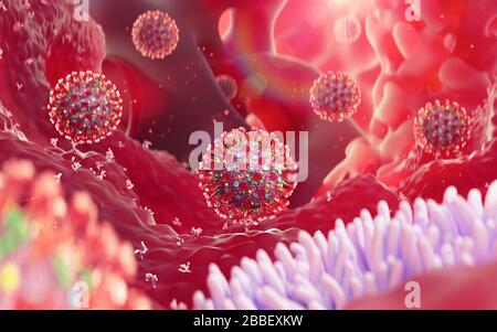 Coronavirus sars-cov-2-Infektion im menschlichen Körper. COVID-19-Viruszellen, Prozess der Gewebeinfektion. Medizinischer Hintergrund der Grippeinfektion. 3D-Renderdarstellung. Stockfoto