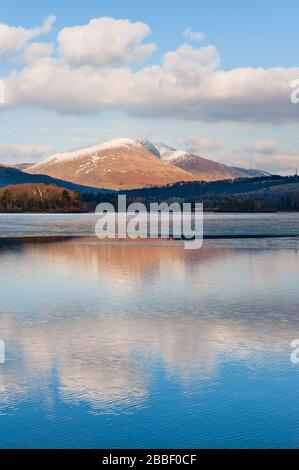 Reflexionen von Cumbrian fielen Blencathra/Saddleback die Bergreflexion in Derwent Water auf den nördlichen Seen im englischen Lake District Stockfoto