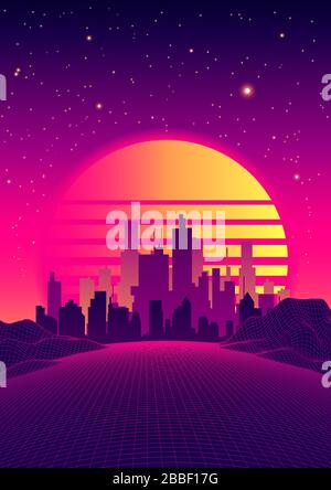 Retro Neon Poster im Sci-Fi-Stil der 80er Jahre. Futuristische Stadt und fantastische Landschaft auf der Cyber Surface von Digital Retro Landscape. Hintergrund der 80er-Party. Retro 80s Fashion Sci-Fi Hintergrundlandschaft. Stock Vektor