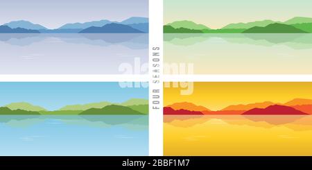 Vier Jahreszeiten Winter Frühling Sommer Herbst durch den See Vector Illustration EPS10 Stock Vektor