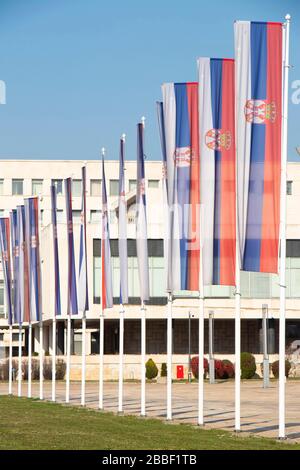 Belgrad, Serbien - 20. März 2020: Serbische Nationalflaggen auf Pfosten vor dem Palast von Serbien, einem Regierungsgebäude in New Belgrad Stockfoto