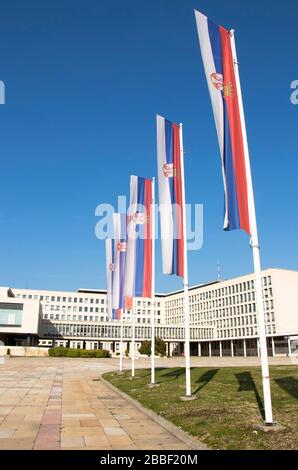 Belgrad, Serbien - 20. März 2020: Serbische Nationalflaggen auf Pfosten vor dem Palast Serbiens, Regierungsgebäude 1951 fertiggestellt, die LARG Stockfoto