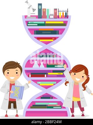 Abbildung: Stickman Kinder, die Laborgowns tragen und DNA-förmiges Bücherregal voller Bücher und Chemie-Artikel wie Kolben, Reagenzgläser und Microsc zeigen Stockfoto