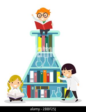 Abbildung: Stickman Kinder, die weiße Mäntel mit einem Bücherregal in Erlenmeyerkolbenform mit Büchern und Flaschen für Chemie tragen Stockfoto