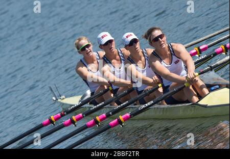 Rio de Janeiro. BRASILIEN USA. W4X, 2016 Olympic Rowing Regatta. Lagoa-Stadion, Copacabana, ÒOlympic Summer GamesÓ Rodrigo de Freitas Lagoon, Lagoa. Lokale Zeit 13:20:01 Samstag 06.08.2016 [Pflichtgutschrift; Peter SPURRIER/Intersport Images] Stockfoto