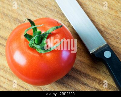 Eine einzelne reife rote Tomate mit Stielchen auf einem Holzhackbrett mit einem Messer Stockfoto