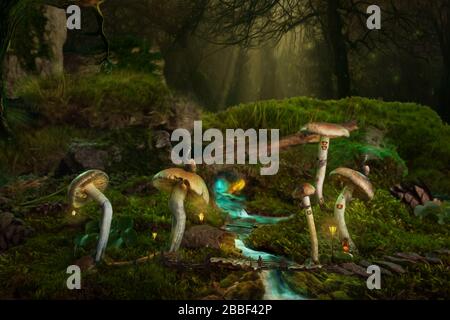 Psychedelische zauberhafte Psilocybin-Pilze in fantastischem Märchenwald. Stockfoto