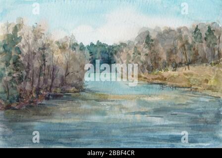 Aquarelllandschaft mit Wald, blauem Himmel, Fluss. Handgezeichnete Natur. Bild. Abbildung Stockfoto