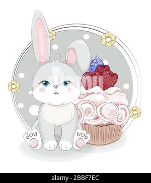 Süßes graues Baby-Kaninchen, Honigbrötchen sitzend und Cupcake Erdbeere. Bild in Handzeichnung, für T-Shirt modisches Druckdesign, Grußkarte Stock Vektor