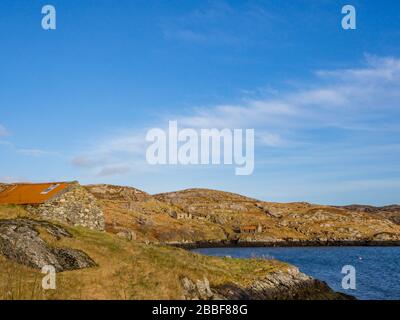 Verlassenes Gebäude mit verrostetem Dach auf Manish, Insel Harris, Outer Hebrides, Schottland, Großbritannien Stockfoto