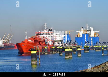 Rotterdam, die Niederlande - März 2020: Ein angedockter Tanker für Chemikalien und Ölprodukte und ein schweres Hubschiff im 7. Mineralölhafen Stockfoto