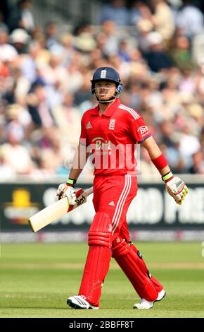 Englands Ian Bell verlässt das Feld, nachdem er herausgetappt wurde Stockfoto