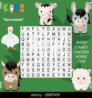 Einfache Wortsuche Kreuzworträtsel "Bauerntiere", für Kinder in der Grundschule und Mittelschule. Unterhaltsame Art und Weise, Sprachverständlichkeit zu üben und zu erweitern Stock Vektor