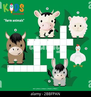 Einfaches Kreuzworträtsel "Farm Animals" für Kinder in der Grundschule und Mittelschule. Spaß beim Üben des Sprachverständnisses und erweitern des Vokabuls Stock Vektor