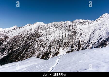 Der Wald und der Blick auf das Tartano-Tal, in der Nähe der Stadt Morbegno, Italien, an einem schönen Wintertag Stockfoto