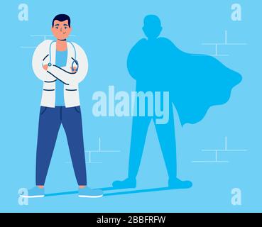 Superarzt mit Heldenschatten vs. Kovid19 Stock Vektor