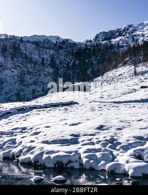 Der Wald und der Blick auf das Tartano-Tal, in der Nähe der Stadt Morbegno, Italien, an einem schönen Wintertag Stockfoto