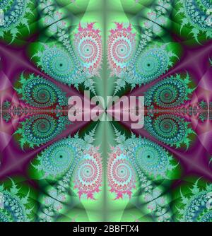 Glänzende und helle Metallic-Farben fraktaler Mandala-Blumenhintergrund. Stockfoto