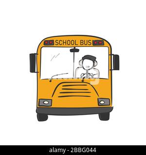 Schulbus. Gelber Bus für Kinder. Kindertransport. Hand gezogen. Stickiger Zeichentrickfilm. Doodle Skizze, Vector Graphic Illustration Stock Vektor