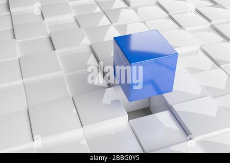 Blauer Würfel in der oberen Etage mit weißen Würfeln, Softwaremodul, Teamarbeit oder einem Abheben vom Crowd Leadership Konzept, 3D-Illustration Stockfoto