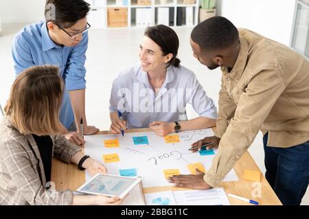 Teammitglieder des Startprojekts tauschen kreative Ideen aus, während sie beim Meeting über das Projekt Brainstorming führen Stockfoto